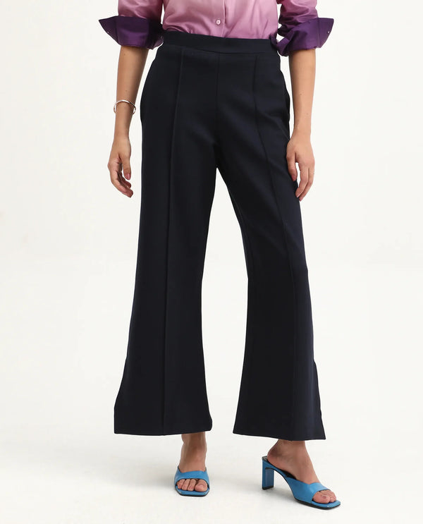 Rareism Women Jancuri Navy  67%Rayon 29%Nylon 4%Spandex Fabric Straight Fit Ankle Length Plain Trouser