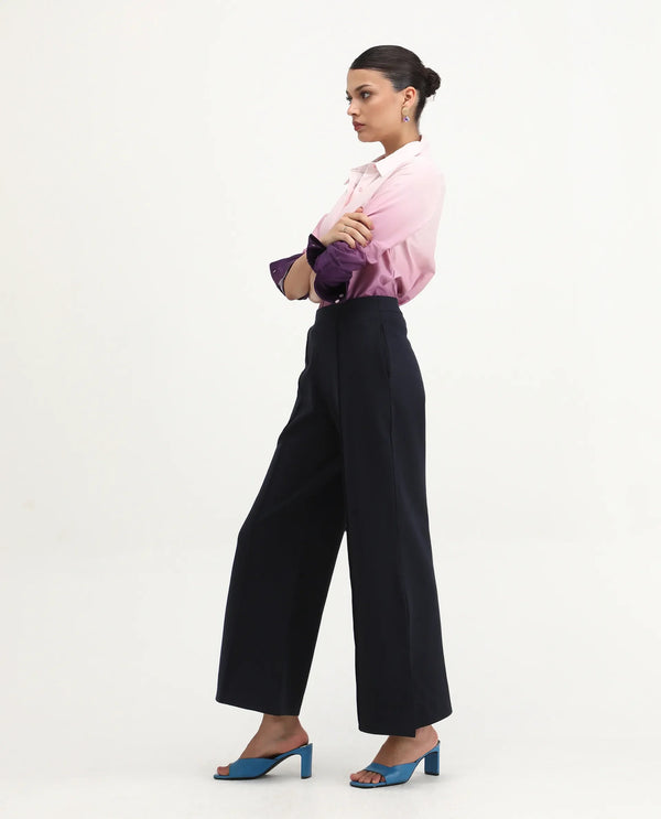 Rareism Women Jancuri Navy  67%Rayon 29%Nylon 4%Spandex Fabric Straight Fit Ankle Length Plain Trouser