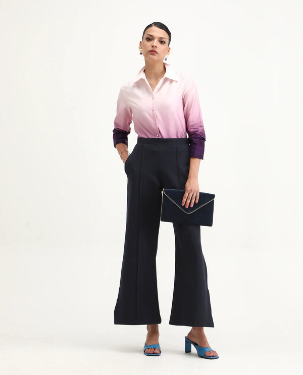 Rareism Women Jancuri Navy  67%Rayon 29%Nylon 4%Spandex Fabric Straight Fit Ankle Length Plain Trouser
