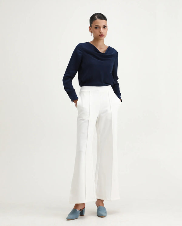 Rareism Women Jancuri Off White 67%Rayon 29%Nylon 4%Spandex Fabric Straight Fit Ankle Length Plain Trouser