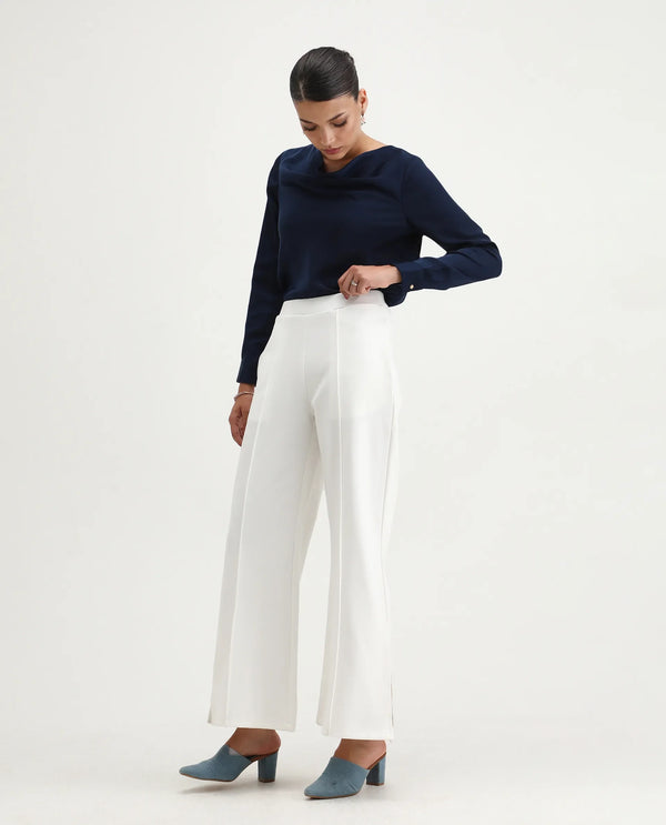 Rareism Women Jancuri Off White 67%Rayon 29%Nylon 4%Spandex Fabric Straight Fit Ankle Length Plain Trouser