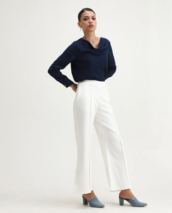 Rareism Women Jancuri Off White 67%Rayon 29%Nylon 4%Spandex Fabric Straight Fit Ankle Length Plain Trouser