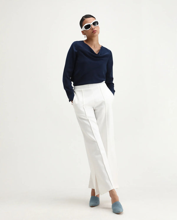 Rareism Women Jancuri Off White 67%Rayon 29%Nylon 4%Spandex Fabric Straight Fit Ankle Length Plain Trouser