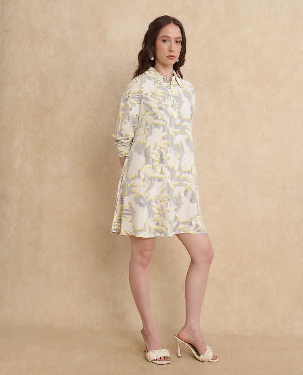 Rareism Women's Jandop Light Multi Cotton Fabric Collared Neck Button Closure Cuffed Sleeve Abstract A-Line Mini Dress