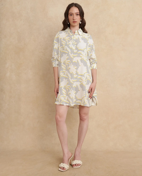 Rareism Women's Jandop Light Multi Cotton Fabric Collared Neck Button Closure Cuffed Sleeve Abstract A-Line Mini Dress