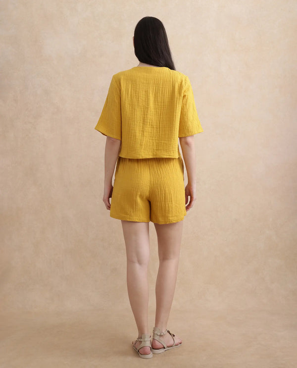 Rareism Women Jandren-B Mustard 100% Cotton Fabric Regular Fit Mini Plain Shorts