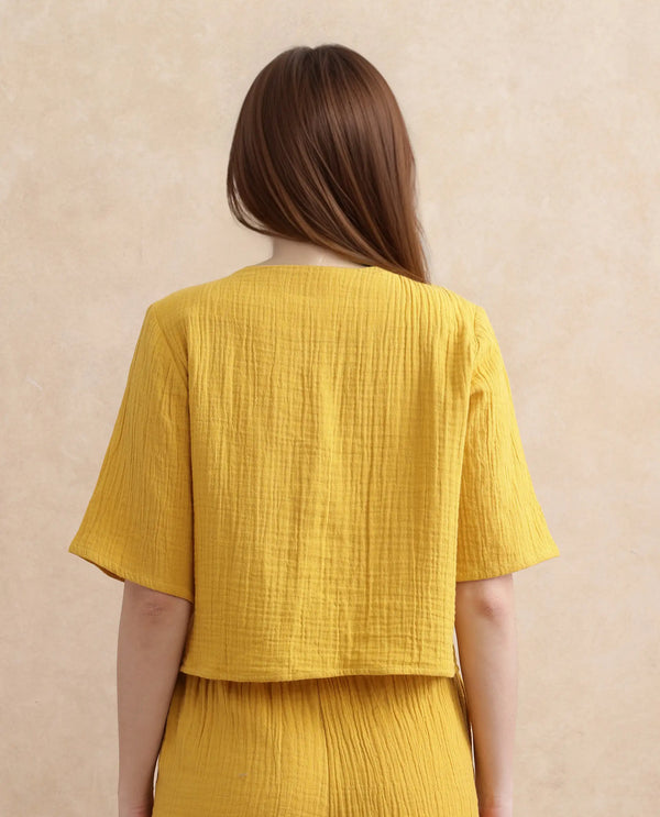 Rareism Women Jandren-T Mustard 100% Cotton Fabric Regular Sleeve Cowl Neck Relaxed Fit Plain Top