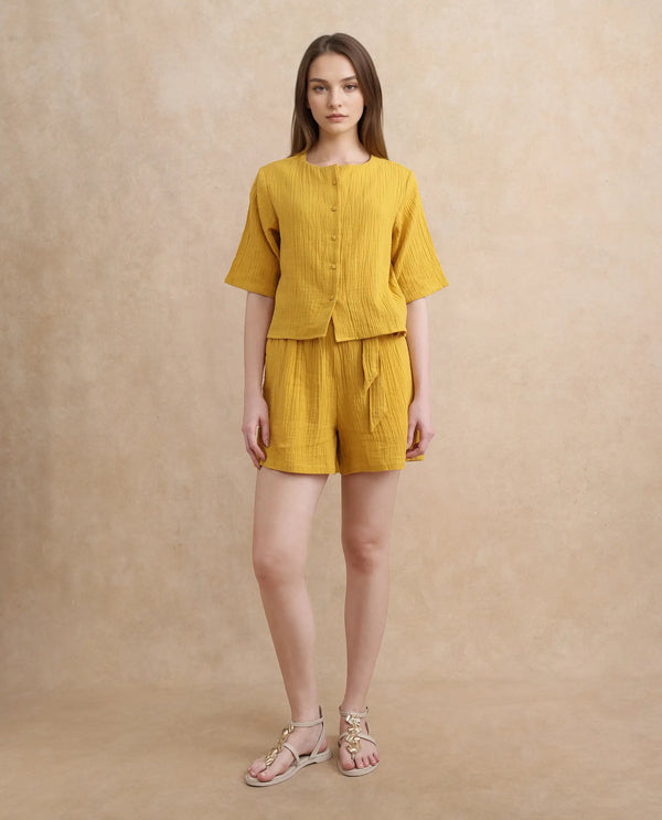 Rareism Women Jandren-T Mustard 100% Cotton Fabric Regular Sleeve Cowl Neck Relaxed Fit Plain Top