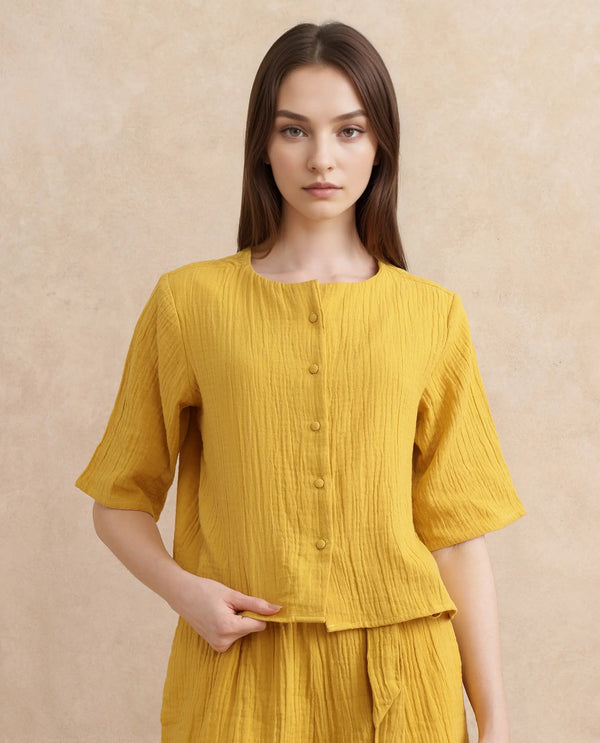 Rareism Women Jandren-T Mustard 100% Cotton Fabric Regular Sleeve Cowl Neck Relaxed Fit Plain Top