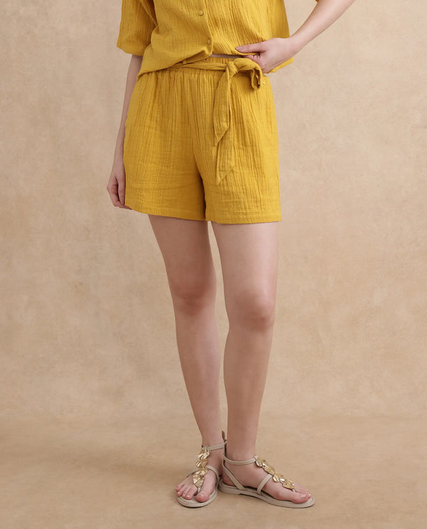 Rareism Women Jandren-B Mustard 100% Cotton Fabric Regular Fit Mini Plain Shorts