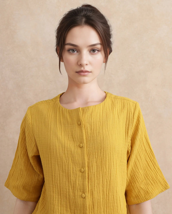 Rareism Women Jandren-T Mustard 100% Cotton Fabric Regular Sleeve Cowl Neck Relaxed Fit Plain Top