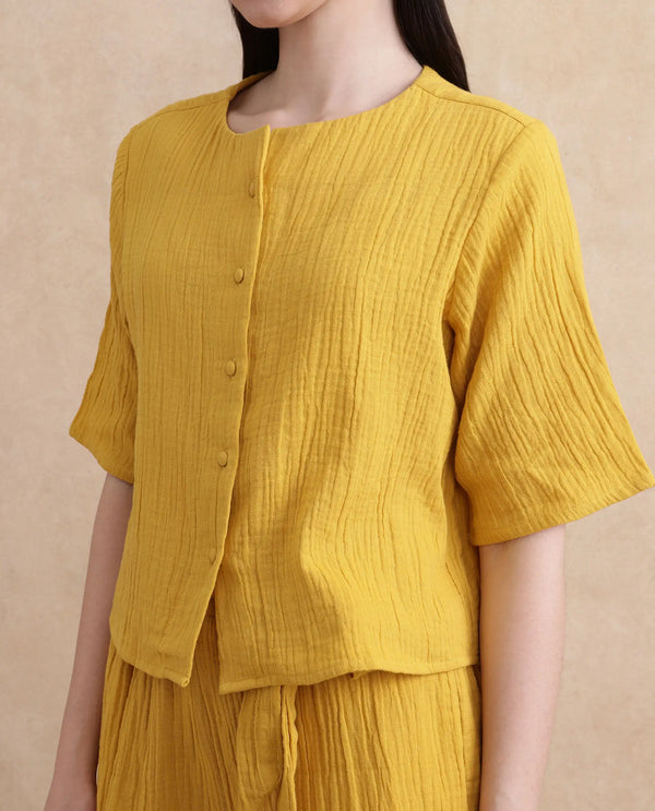 Rareism Women Jandren-T Mustard 100% Cotton Fabric Regular Sleeve Cowl Neck Relaxed Fit Plain Top