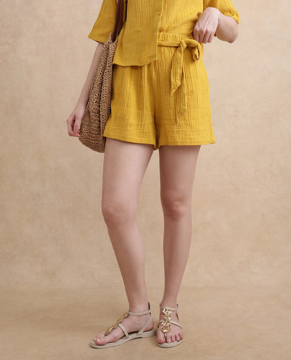 Rareism Women Jandren-B Mustard 100% Cotton Fabric Regular Fit Mini Plain Shorts