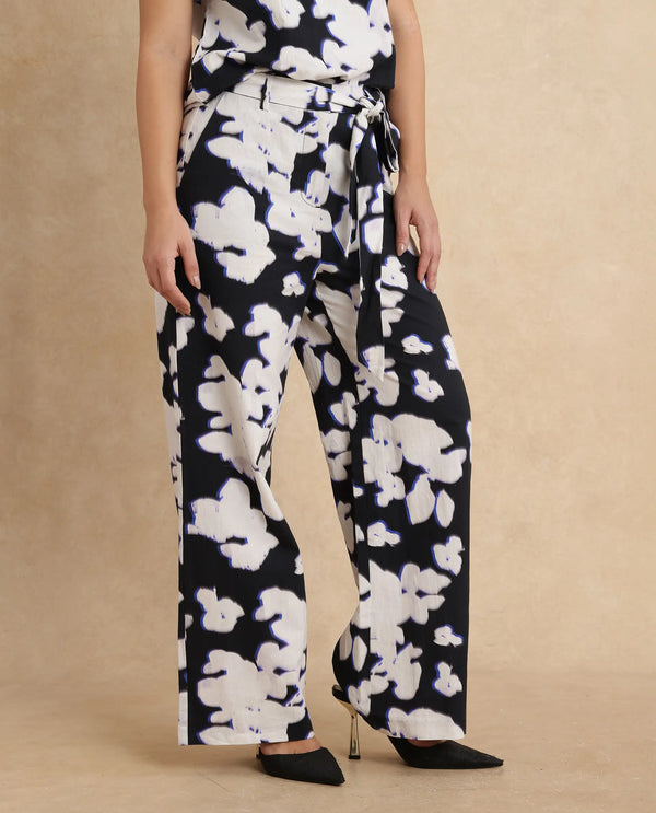 Rareism Women Janfara-B Black 100% Cotton Fabric Wide Fit Ankle Length Abstract Print Trouser