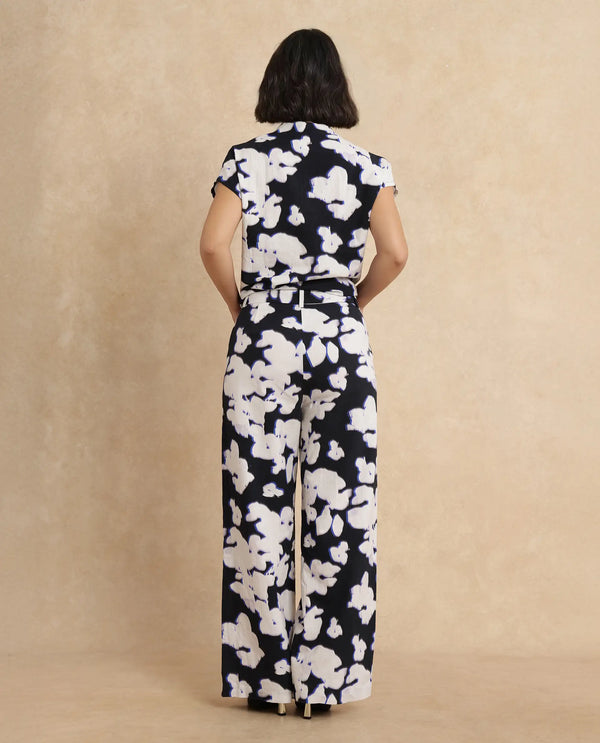 Rareism Women Janfara-B Black 100% Cotton Fabric Wide Fit Ankle Length Abstract Print Trouser