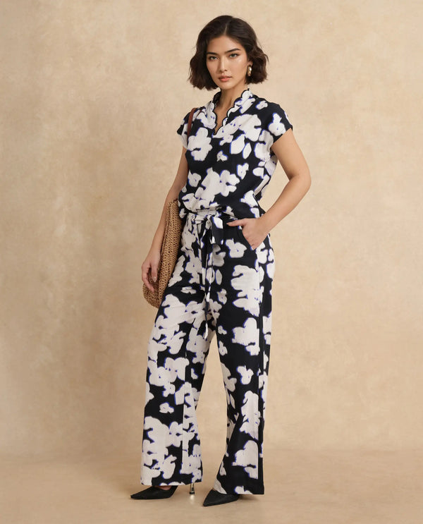 Rareism Women Janfara-B Black 100% Cotton Fabric Wide Fit Ankle Length Abstract Print Trouser