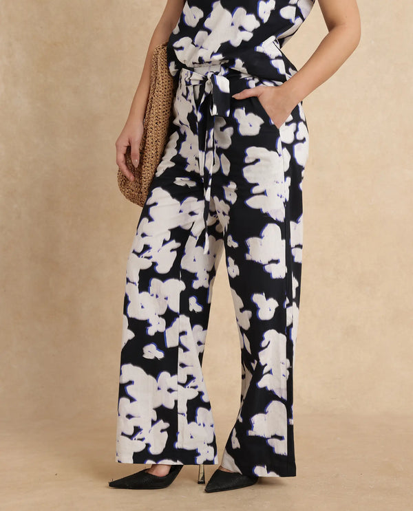 Rareism Women Janfara-B Black 100% Cotton Fabric Wide Fit Ankle Length Abstract Print Trouser