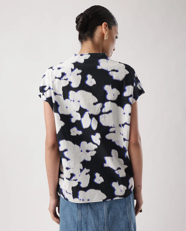 Rareism Women Janfara-T Black 100%Cotton Fabric Extended Sleeve V-Neck Neck Regular Fit Abstract Print Top