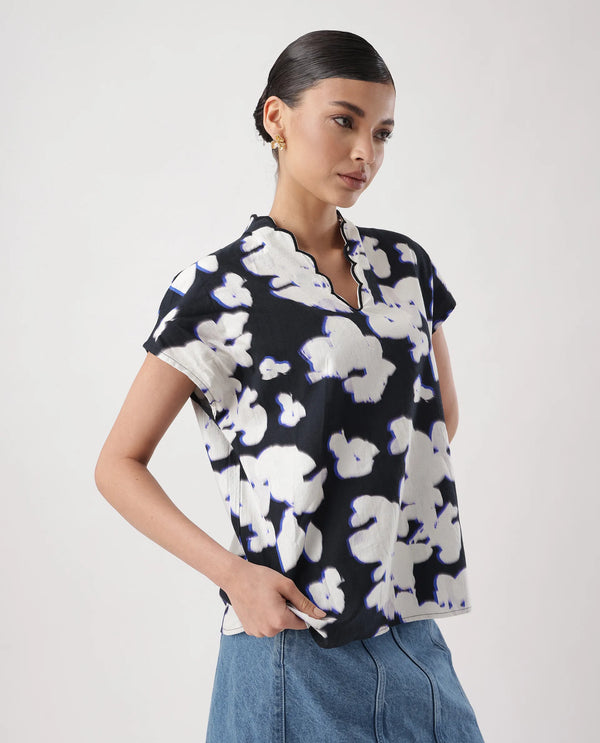Rareism Women Janfara-T Black 100%Cotton Fabric Extended Sleeve V-Neck Neck Regular Fit Abstract Print Top