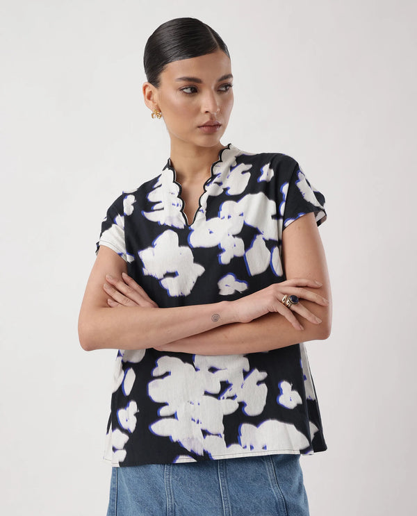 Rareism Women Janfara-T Black 100%Cotton Fabric Extended Sleeve V-Neck Neck Regular Fit Abstract Print Top