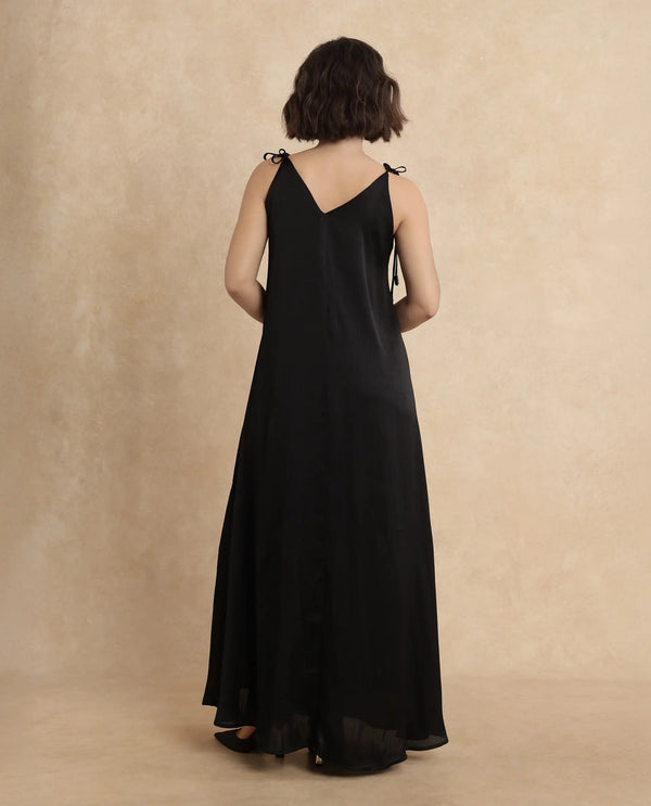 Rareism Women Janfree Black Polyester Fabric Shoulder Straps A-Line Maxi Plain Dress