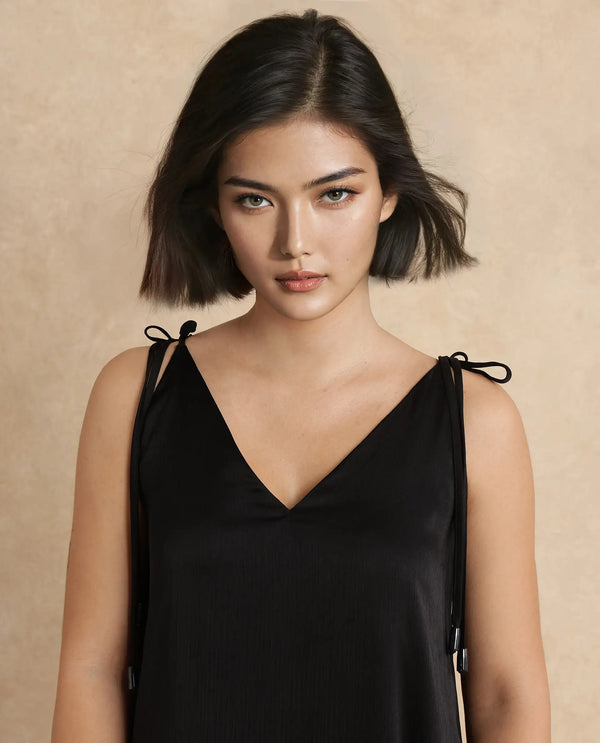 Rareism Women Janfree Black Polyester Fabric Shoulder Straps A-Line Maxi Plain Dress