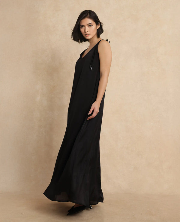 Rareism Women Janfree Black Polyester Fabric Shoulder Straps A-Line Maxi Plain Dress