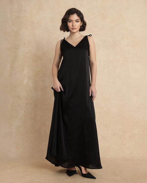 Rareism Women Janfree Black Polyester Fabric Shoulder Straps A-Line Maxi Plain Dress