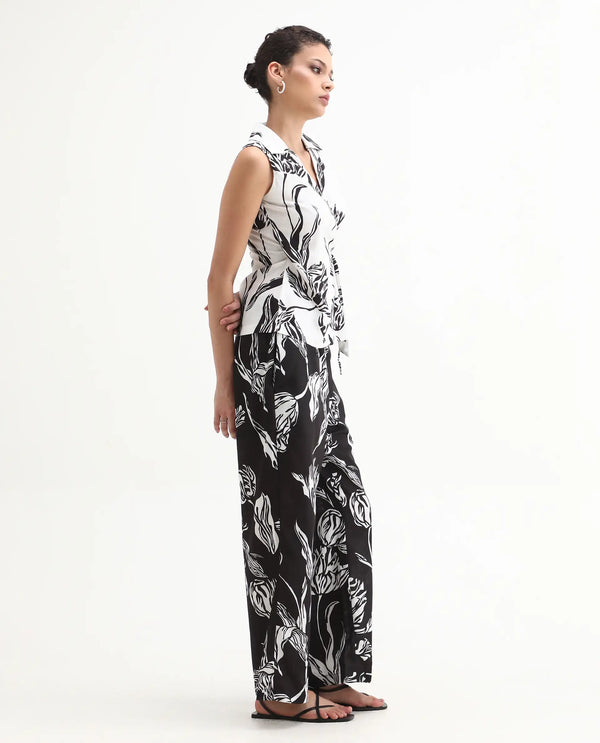 Rareism Women Janfu-B Black 100% Polyester Fabric Wide Fit Ankle Length Floral Print Trouser