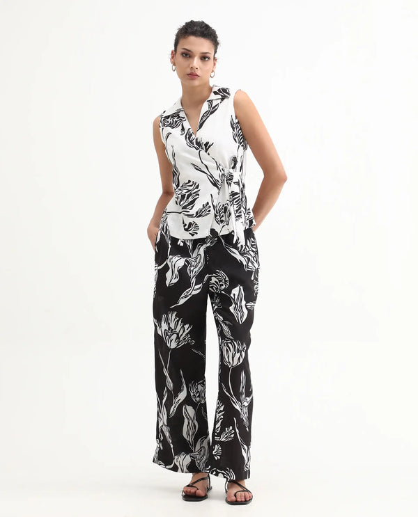 Rareism Women Janfu-B Black 100% Polyester Fabric Wide Fit Ankle Length Floral Print Trouser