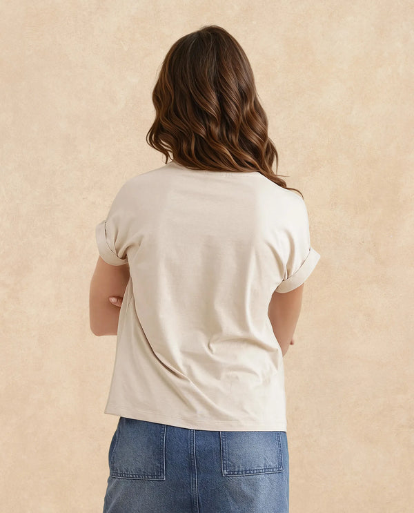 Rareism Women Jango Beige Rayon Nylon Fabric Extended Sleeve Boat Neck Regular Fit Graphic Print T-Shirt