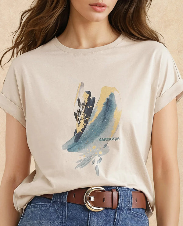 Rareism Women Jango Beige Rayon Nylon Fabric Extended Sleeve Boat Neck Regular Fit Graphic Print T-Shirt