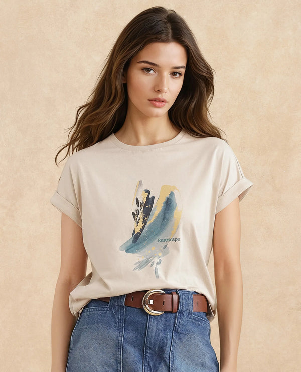 Rareism Women Jango Beige Rayon Nylon Fabric Extended Sleeve Boat Neck Regular Fit Graphic Print T-Shirt