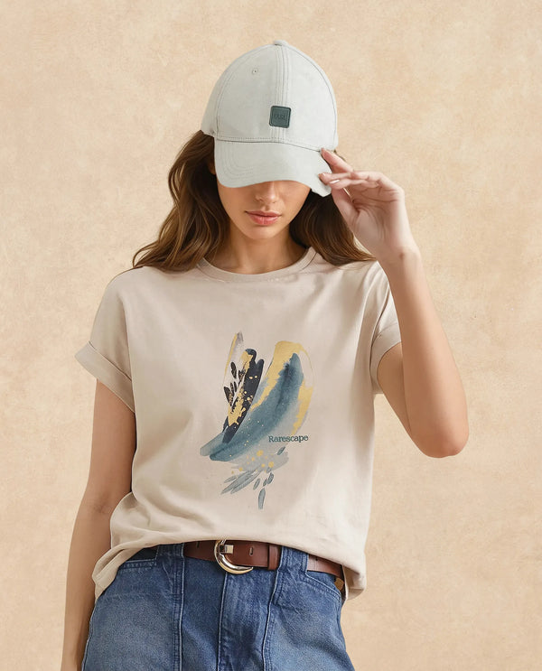 Rareism Women Jango Beige Rayon Nylon Fabric Extended Sleeve Boat Neck Regular Fit Graphic Print T-Shirt