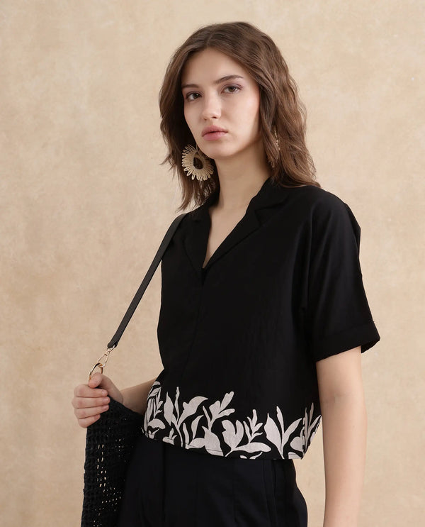 Rareism Women Janhemo Black Viscose Blend Fabric Regular Sleeve Boxy Fit Cropped Floral Print Top
