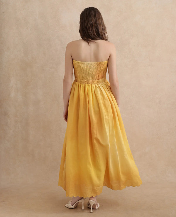 Rareism Women Janholo Light Mustard Cotton Linen Fabric Sleeveless Fit And Flare Midi Ombre Dress