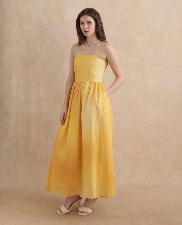Rareism Women Janholo Light Mustard Cotton Linen Fabric Sleeveless Fit And Flare Midi Ombre Dress