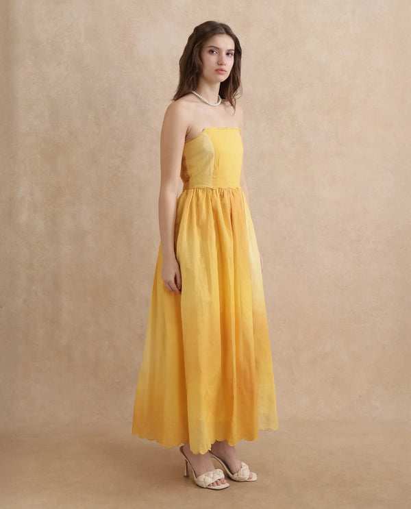 Rareism Women Janholo Light Mustard Cotton Linen Fabric Sleeveless Fit And Flare Midi Ombre Dress