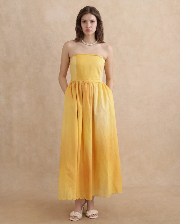 Rareism Women Janholo Light Mustard Cotton Linen Fabric Sleeveless Fit And Flare Midi Ombre Dress