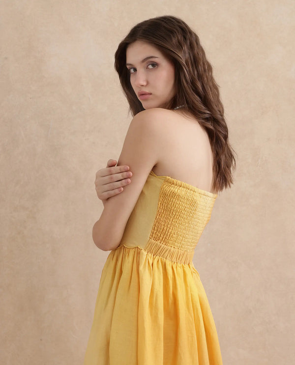 Rareism Women Janholo Light Mustard Cotton Linen Fabric Sleeveless Fit And Flare Midi Ombre Dress