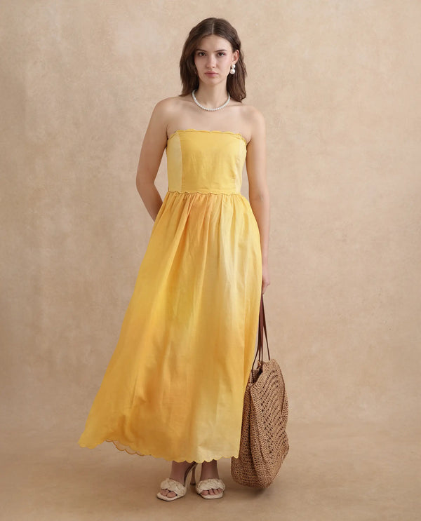 Rareism Women Janholo Light Mustard Cotton Linen Fabric Sleeveless Fit And Flare Midi Ombre Dress