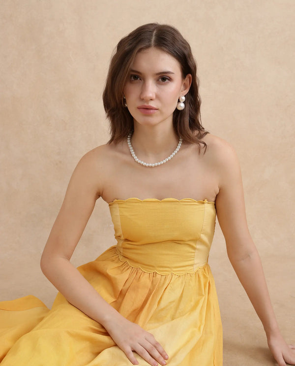 Rareism Women Janholo Light Mustard Cotton Linen Fabric Sleeveless Fit And Flare Midi Ombre Dress