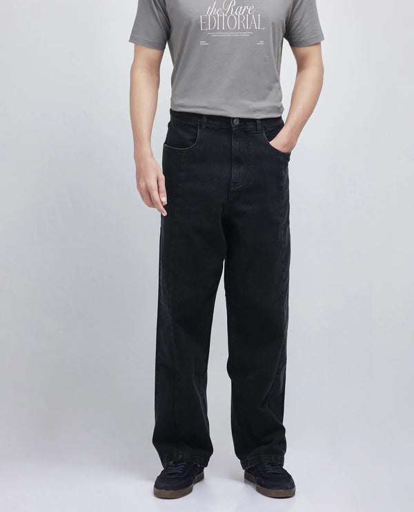 Rare Rabbit Men Janik Grey Cotton Spandex Fabric Mid Wash Button and Zip Closure Baggy Fit Pintuck Detail Plain Denim Pant