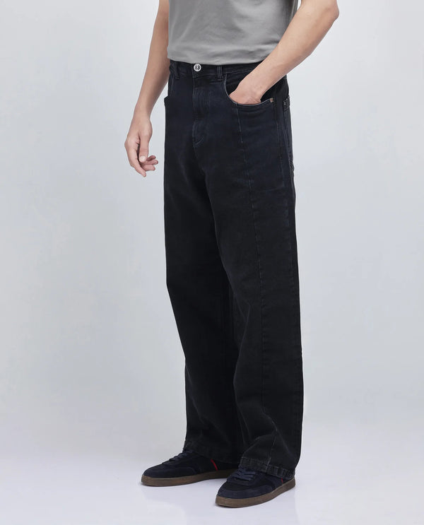 Rare Rabbit Men Janik Grey Cotton Spandex Fabric Mid Wash Button and Zip Closure Baggy Fit Pintuck Detail Plain Denim Pant