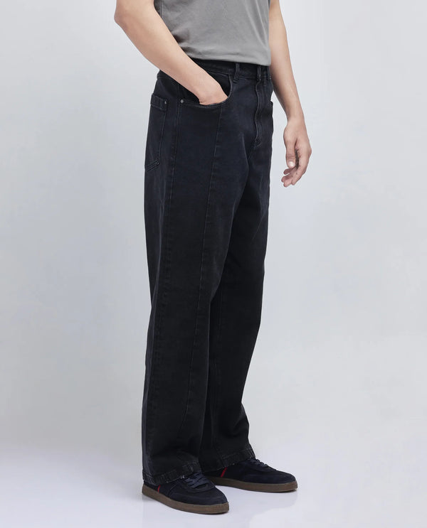 Rare Rabbit Men Janik Grey Cotton Spandex Fabric Mid Wash Button and Zip Closure Baggy Fit Pintuck Detail Plain Denim Pant