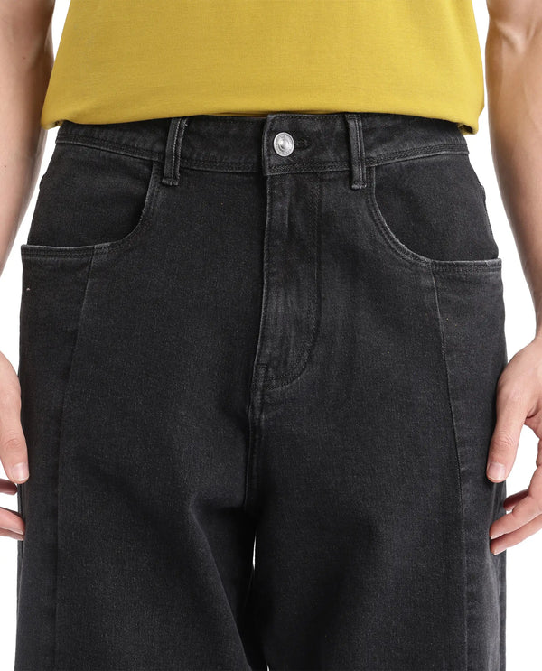 Rare Rabbit Men Janik Grey Cotton Spandex Fabric Mid Wash Button and Zip Closure Baggy Fit Pintuck Detail Plain Denim Pant