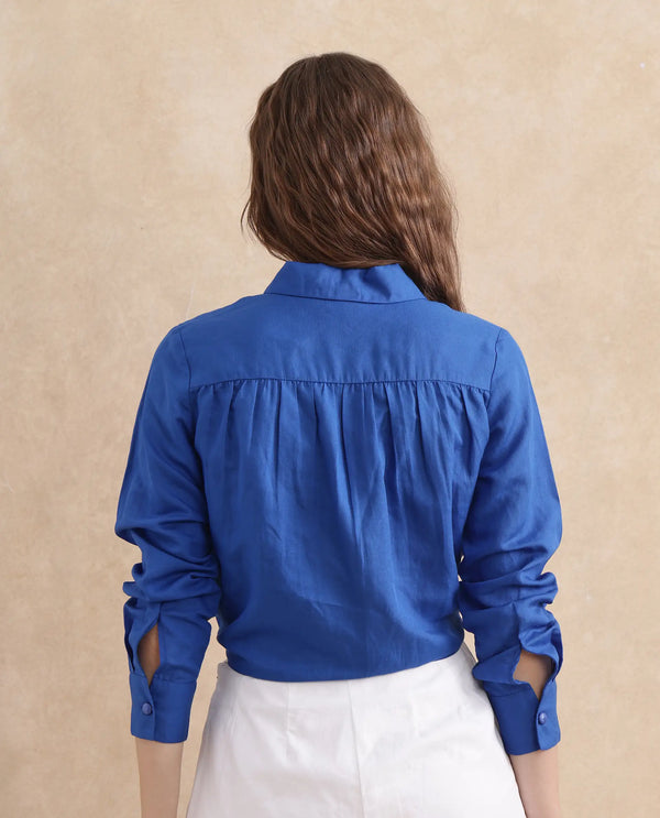Rareism Women Janima Blue Modal Linen Fabric Cuffed Sleeve Regular Fit Cropped Plain Shirt