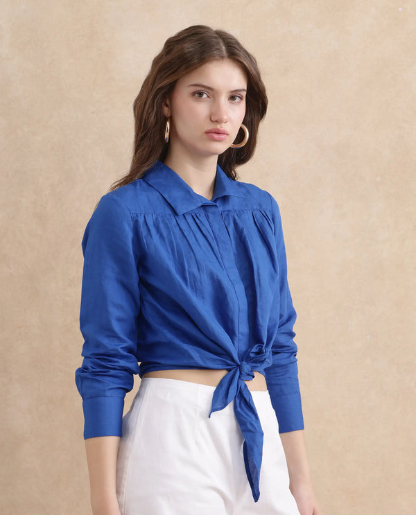 Rareism Women Janima Blue Modal Linen Fabric Cuffed Sleeve Regular Fit Cropped Plain Shirt