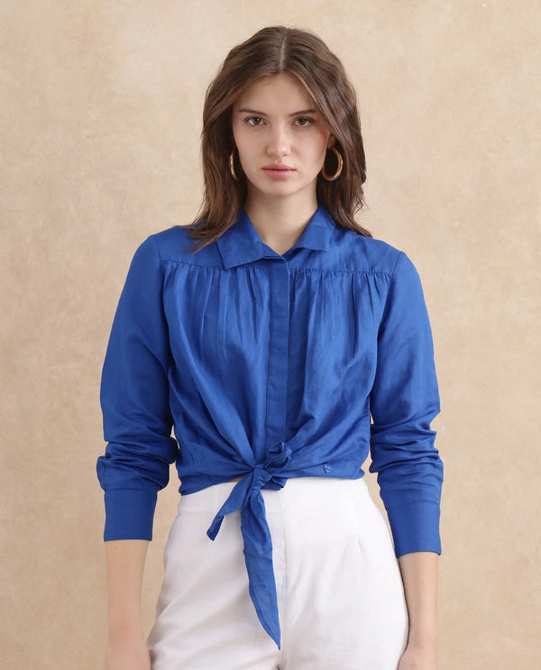 Rareism Women Janima Blue Modal Linen Fabric Cuffed Sleeve Regular Fit Cropped Plain Shirt