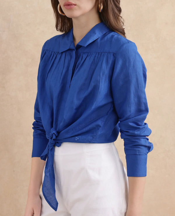Rareism Women Janima Blue Modal Linen Fabric Cuffed Sleeve Regular Fit Cropped Plain Shirt